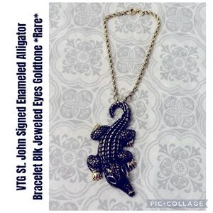 VTG St. John Signed Enameled Alligator Bracelet Blk Jeweled Eyes Goldtone *Rare*